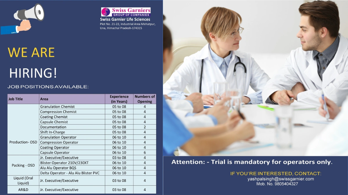 Swiss Garnier Life Sciences Hiring for Production, Packing, and AR&D Roles