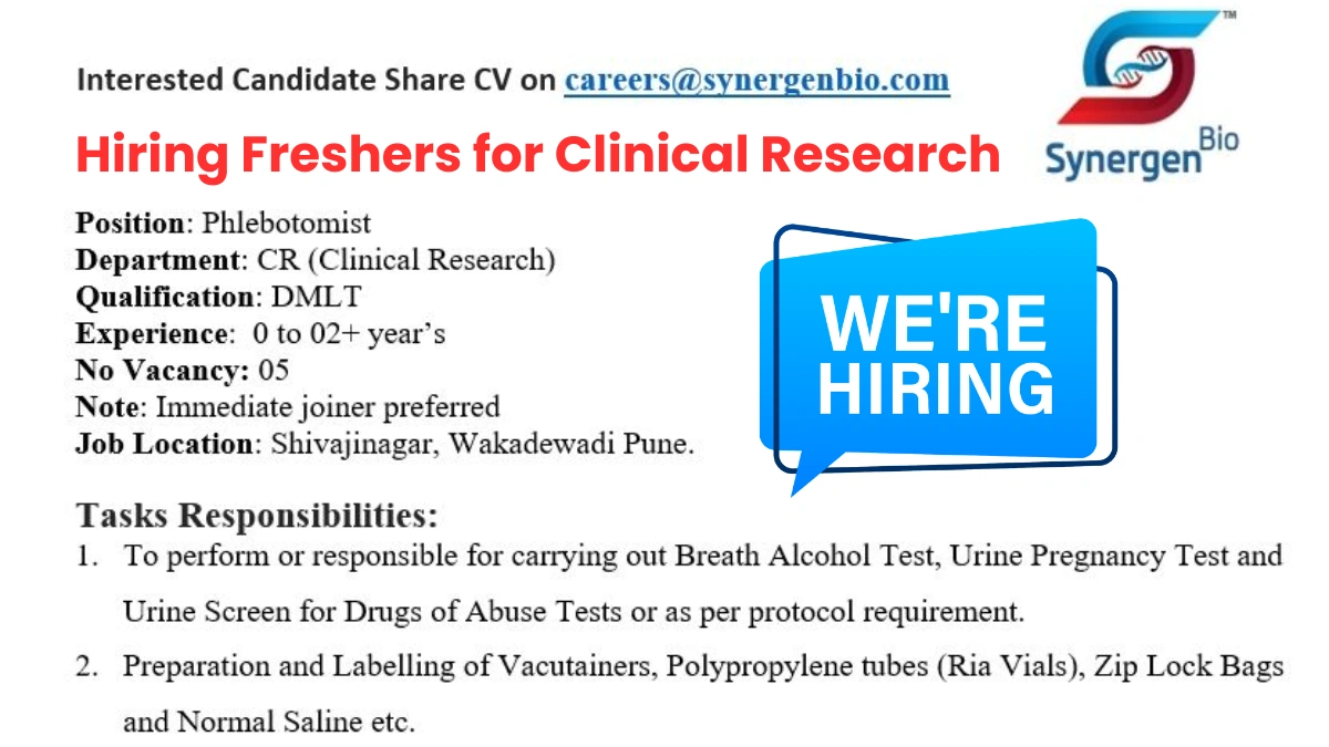 Synergen Bio Walk-In Interviews for Phlebotomist in Clinical Research Department (Freshers)