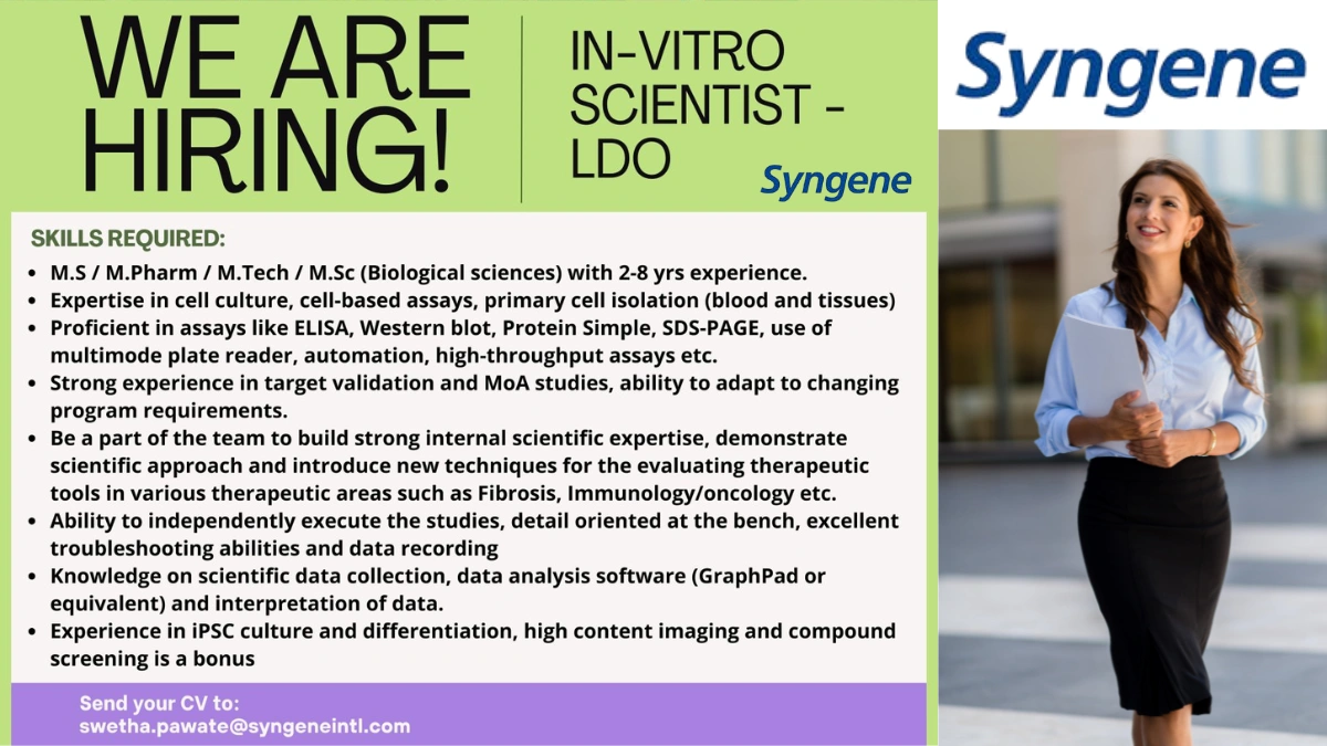 Syngene BBRC Is Actively Hiring for In-Vitro Scientist (LDO)