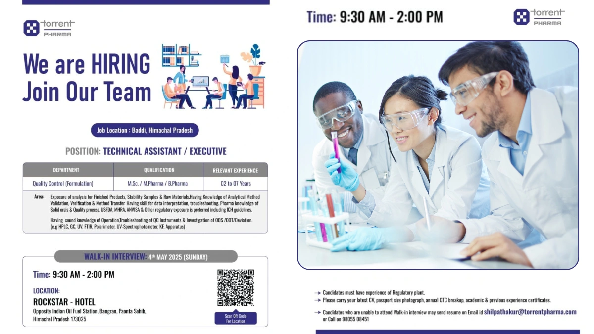 Torrent Pharma Walk-In Interview for Technical Assistant & Executive in Quality Control