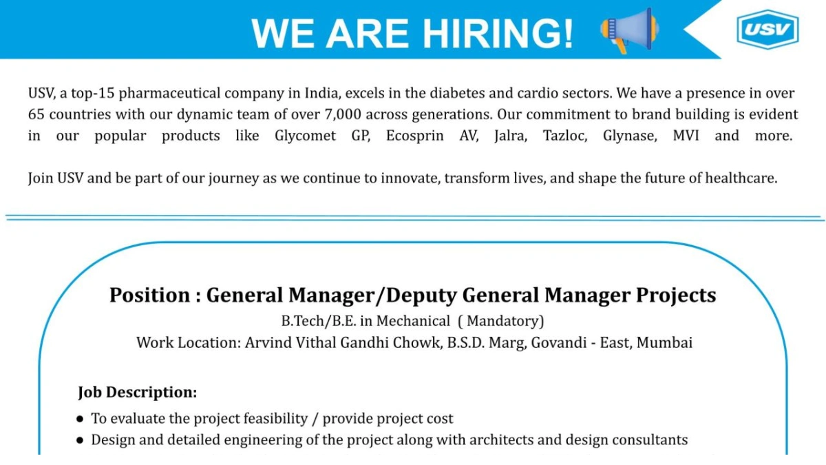 USV - Job Openigns for General Manager, Deputy General Manager Projects in Mumbai