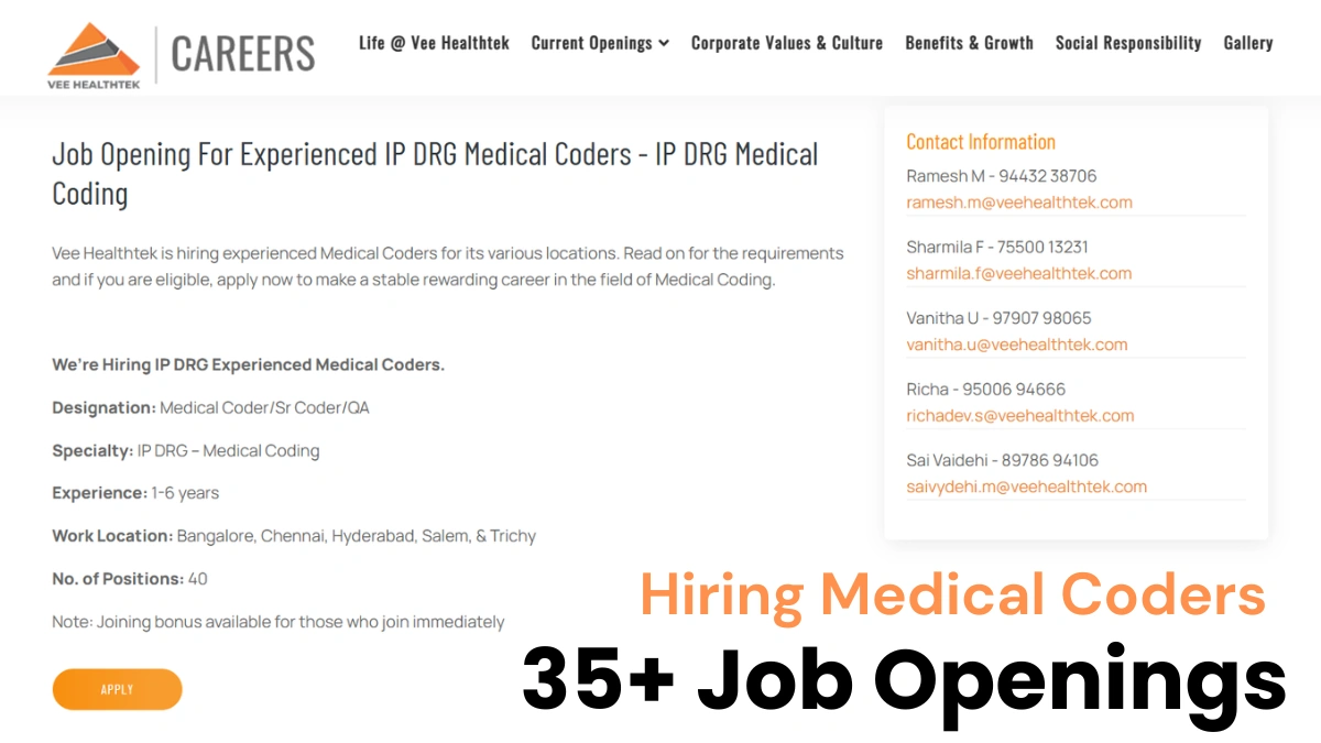 Vee Healthtek Walk-In Drive for IP DRG Medical Coders in Multiple Locations on 14th-15th June