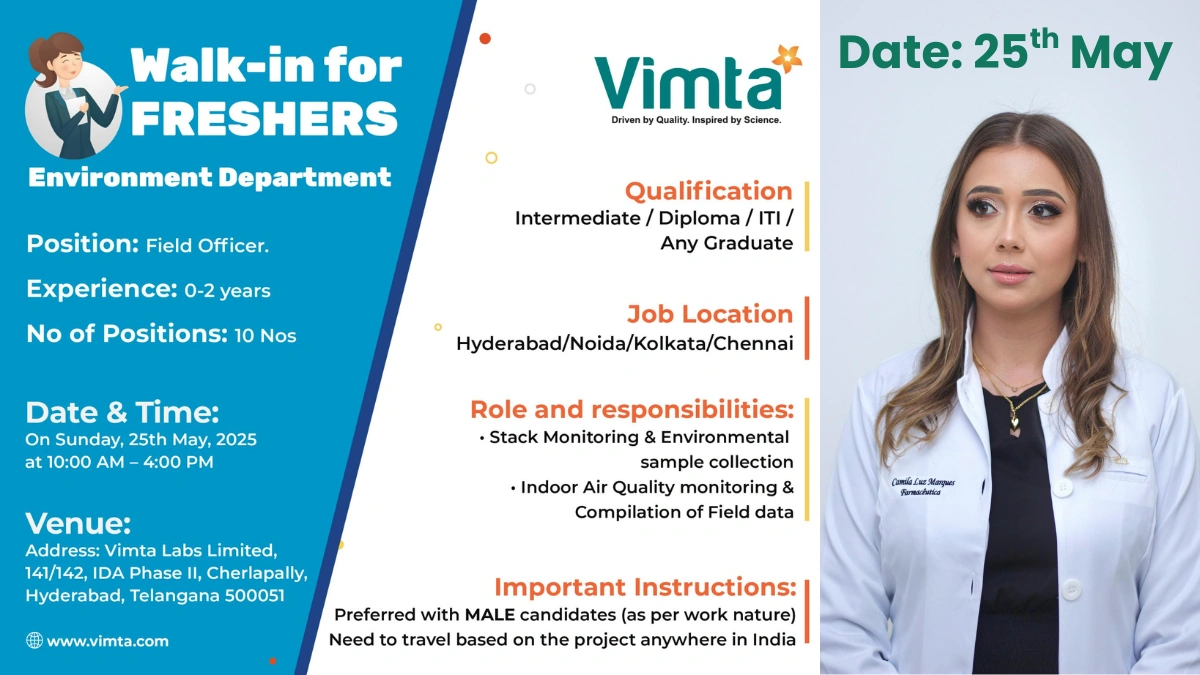 Vimta Labs Walk-In Interviews for Freshers & Experienced in Environmental Science Roles