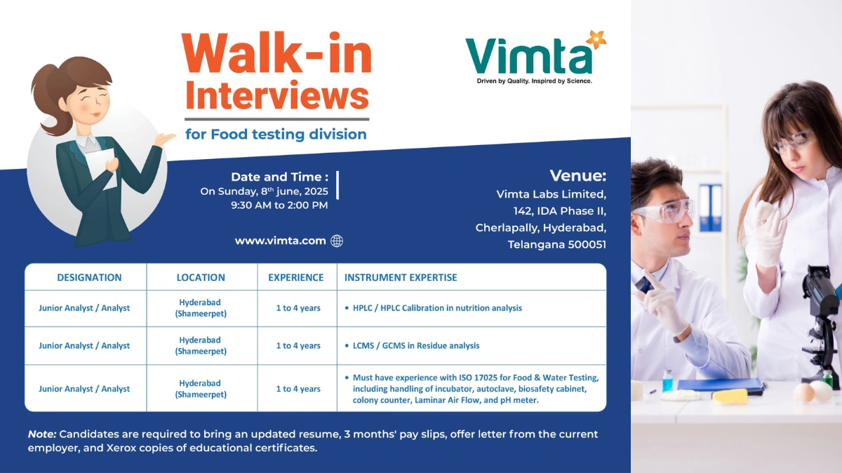Vimta Labs Walk-in Drive 2025 for Junior Analyst & Analyst Roles in Food Testing Division, Hyderabad
