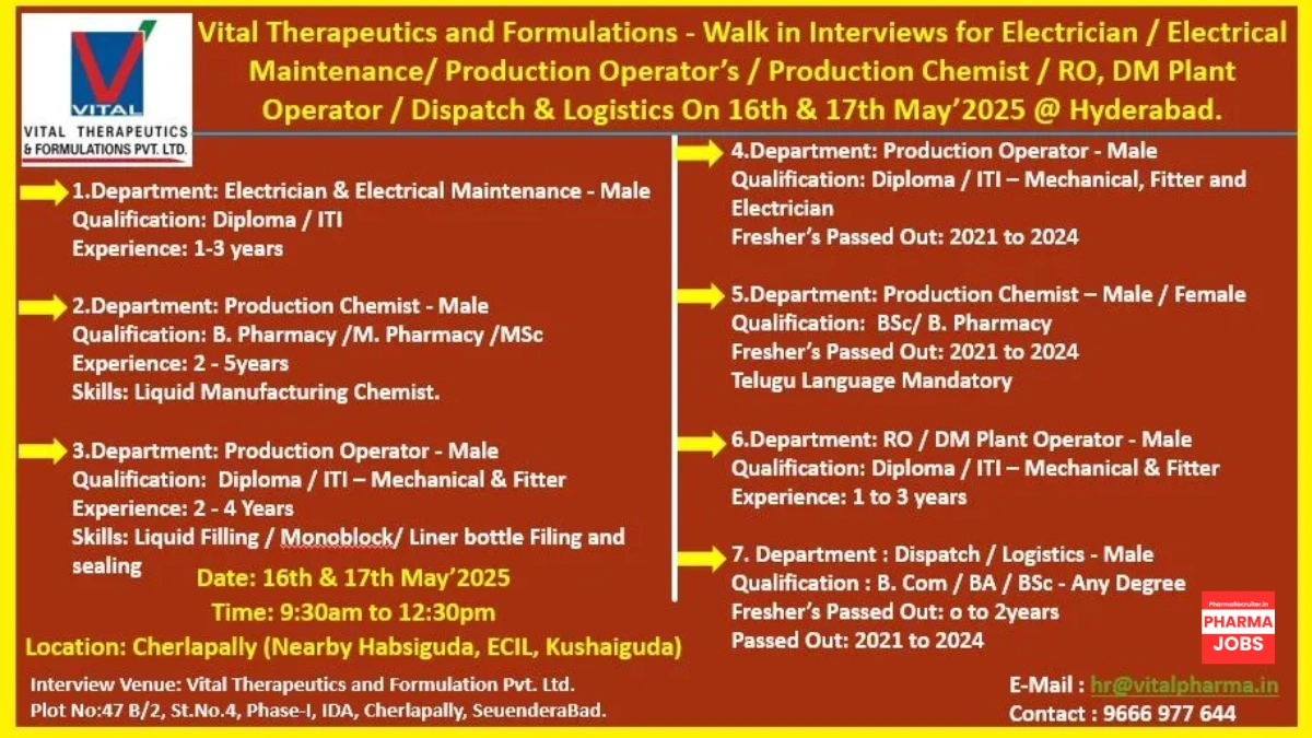 Vital Therapeutics & Formulations’ Walk-In Interview for Freshers & Experienced Candidates