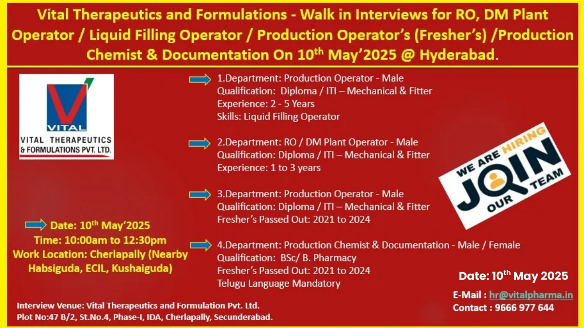 Vital Therapeutics Walk-In Interview for Pharmaceutical Jobs