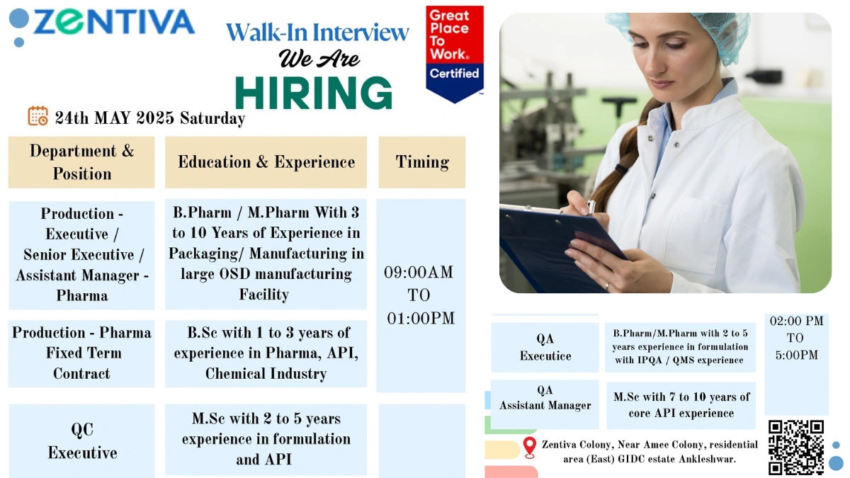 Zentiva Walk-in Interview for Production, QC, and QA Roles