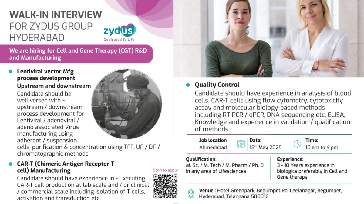 Zydus Group Walk-In Interview for Cell and Gene Therapy (CGT) R&D and Manufacturing