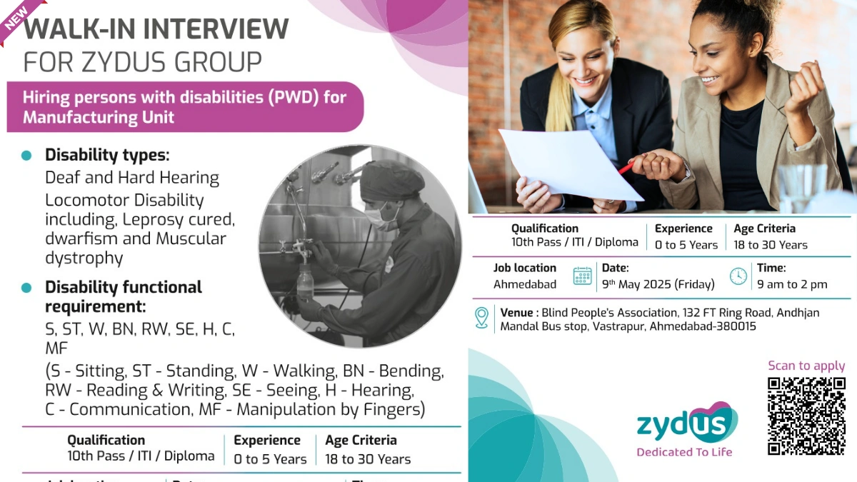 Zydus Group Walk-In Interview for Persons with Disabilities (PWD) in Manufacturing Roles