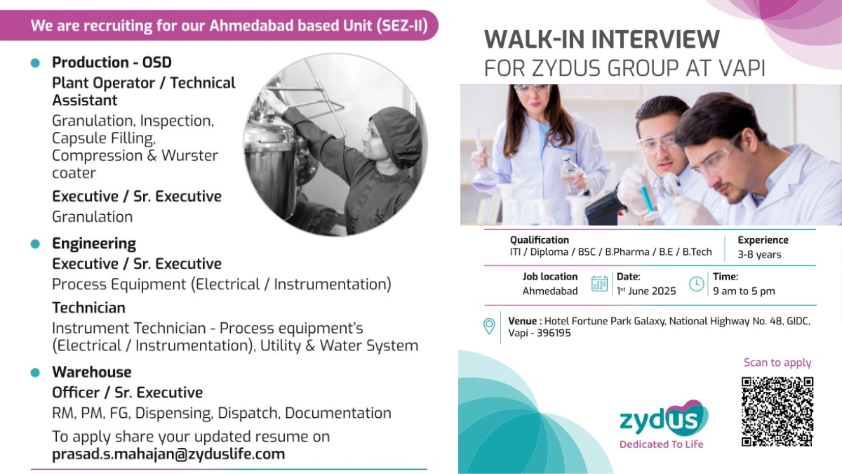 Zydus Group Walk-In Interviews for Production, Warehouse & Engineering Roles