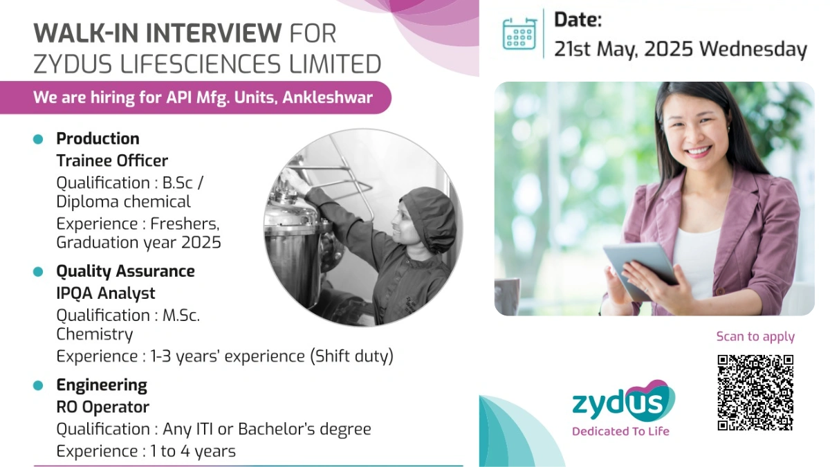 Zydus Life Science Walk-In Interviews at for Production, QC, Engineer