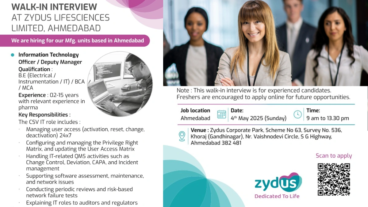 Zydus Lifesciences Limited Walk-In Interview for BCA, MCA, B.E Candidates