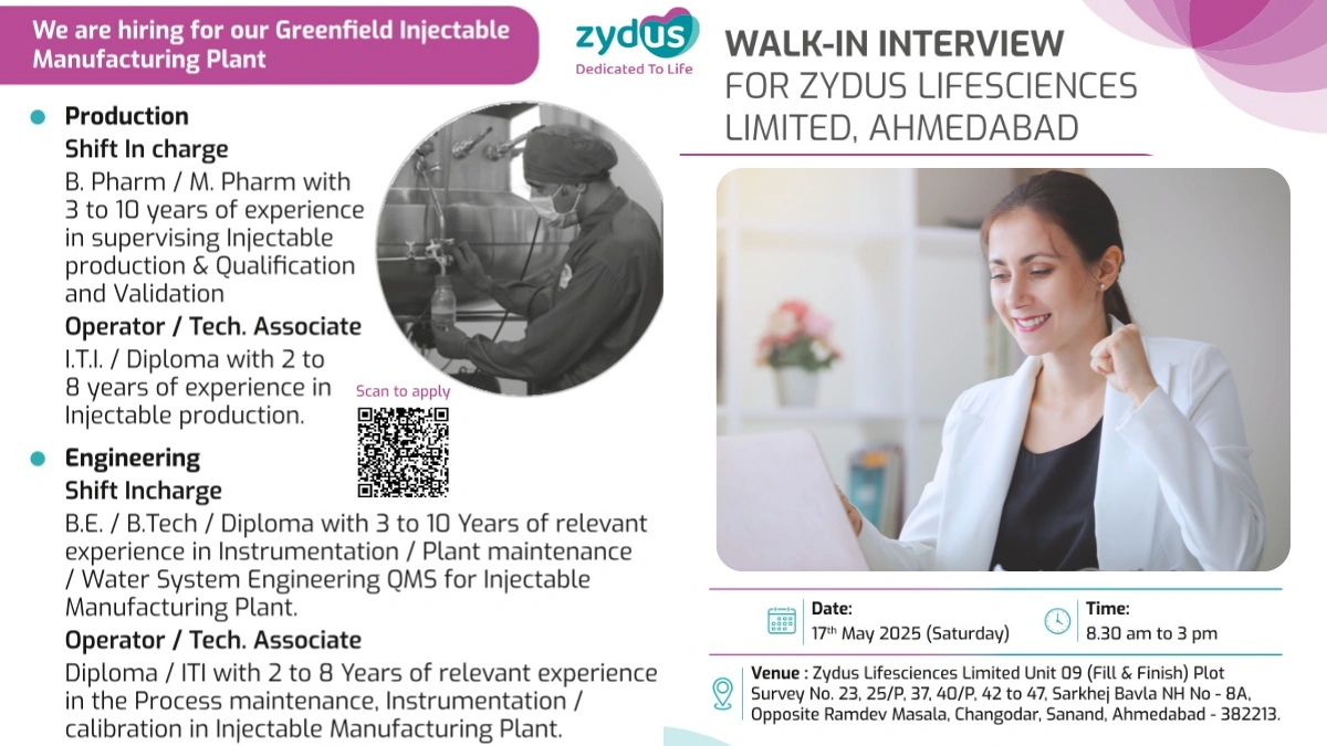 Zydus Lifesciences Limited Walk-In Interview for Operator / Technical Associate/Shift-InCharge - Production in Ahmedabad!