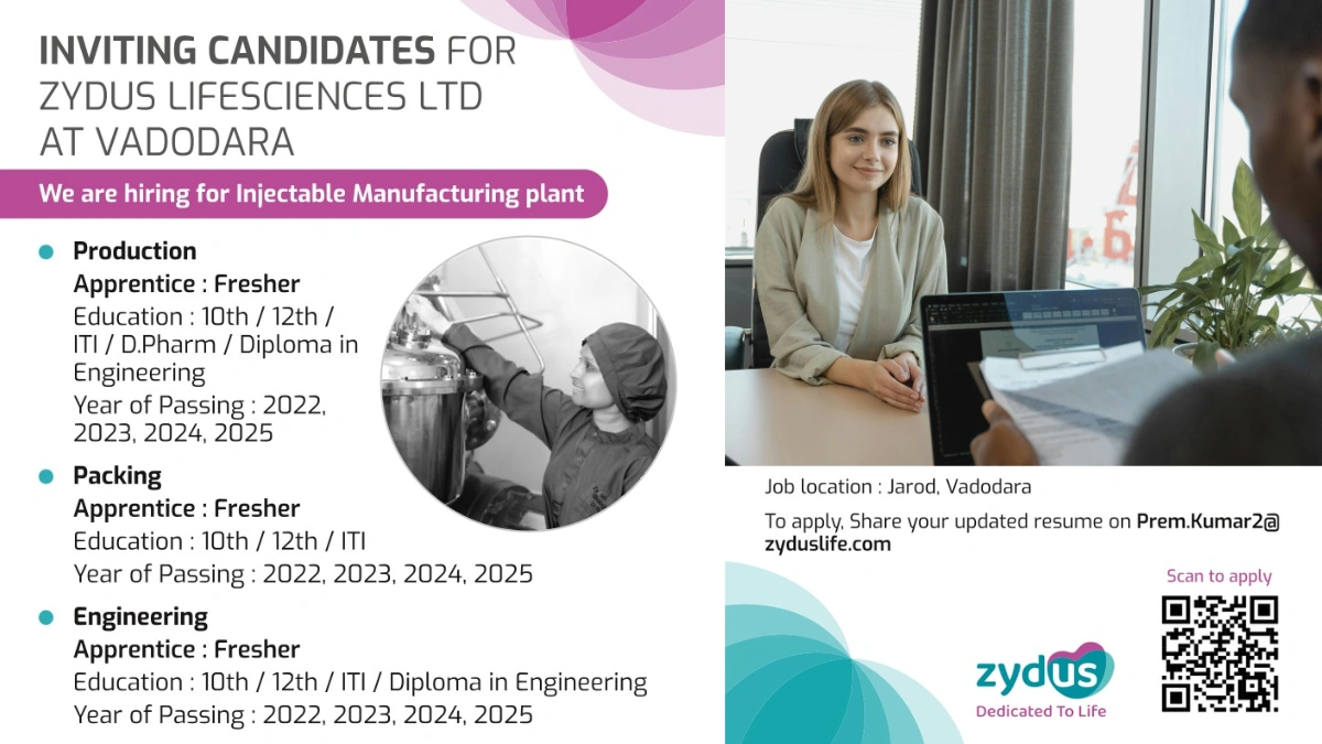 Zydus Lifesciences Ltd. Hiring M.Pharm, B.Pharm, M.Sc, B.Sc Freshers for Injectable Manufacturing in Vadodara