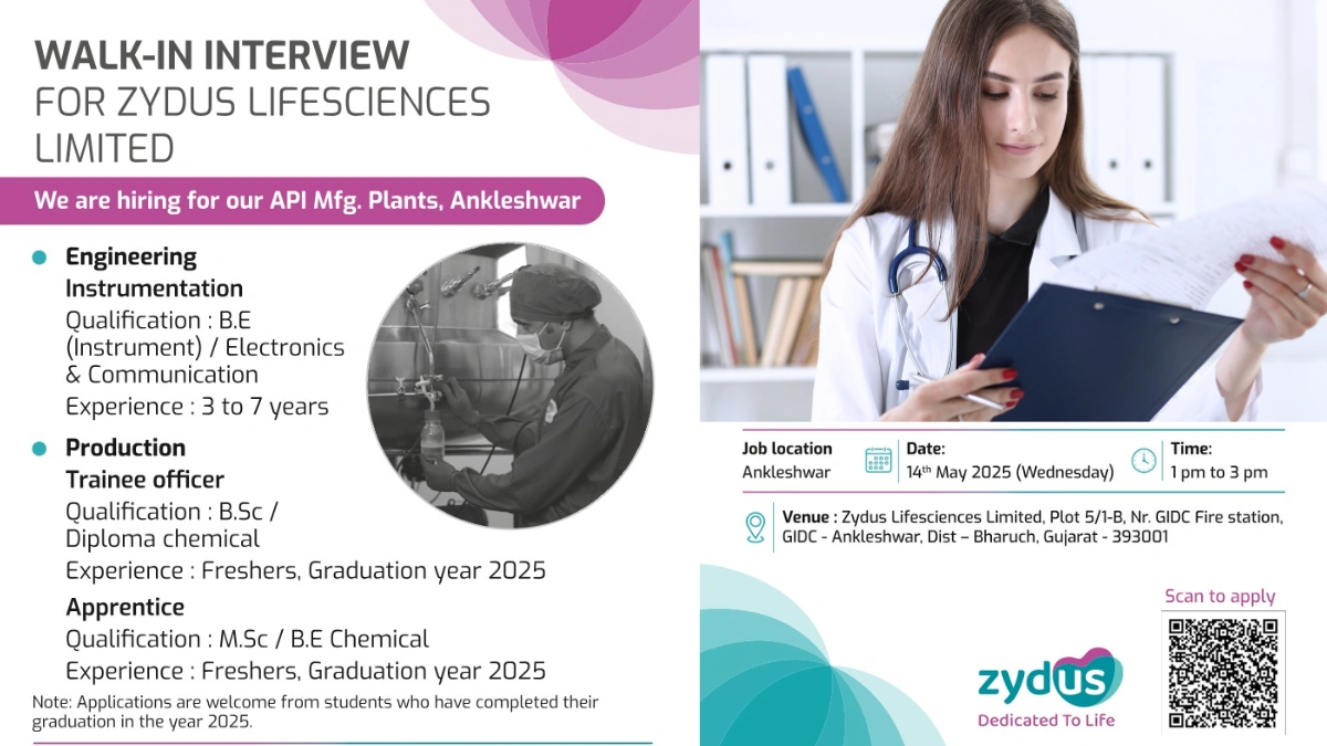 Zydus Lifesciences Walk-In Interview for Engineering, Production, and Apprentice Roles