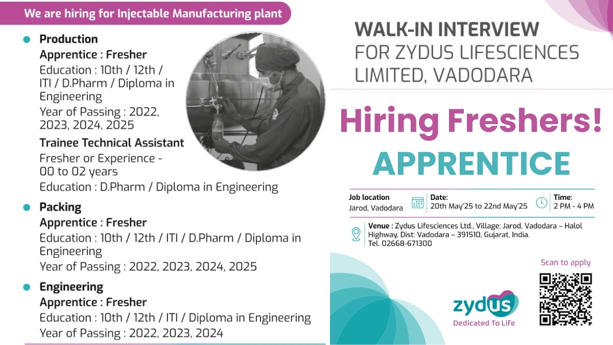 Zydus Lifesciences Walk-In Interviews for Production, Packing & Engineering - Apprentice (Freshers)