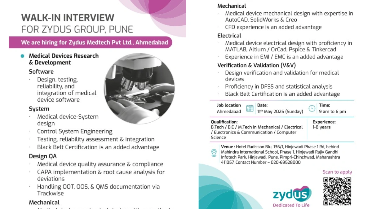 Zydus Medtech Walk-In Interview for Medical Device R&D Jobs