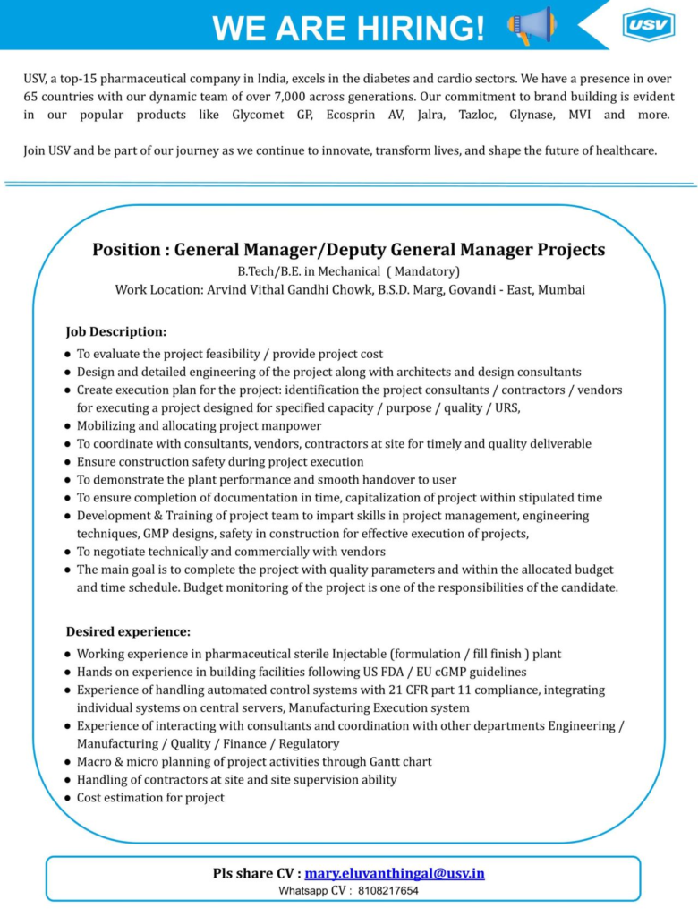 USV - Job Openigns for General Manager/Deputy General Manager Projects in Mumbai