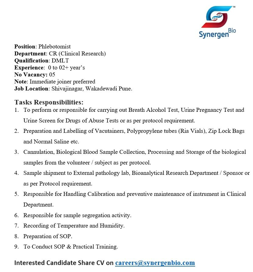 Synergen Bio Walk-In Interviews for Phlebotomist in Clinical Research Department (Freshers)