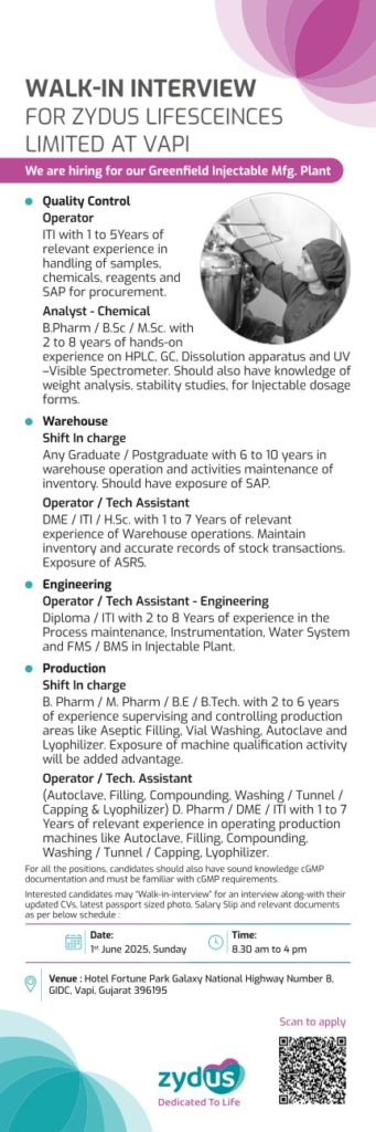 Zydus Lifesciences Walk-In Drive for Injectable Manufacturing Jobs at Vapi, Gujarat on 1st June
