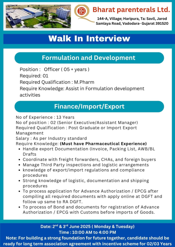 Bharat Parenterals Ltd Walk-In Drive for Multiple Departments on 2nd-3rd June