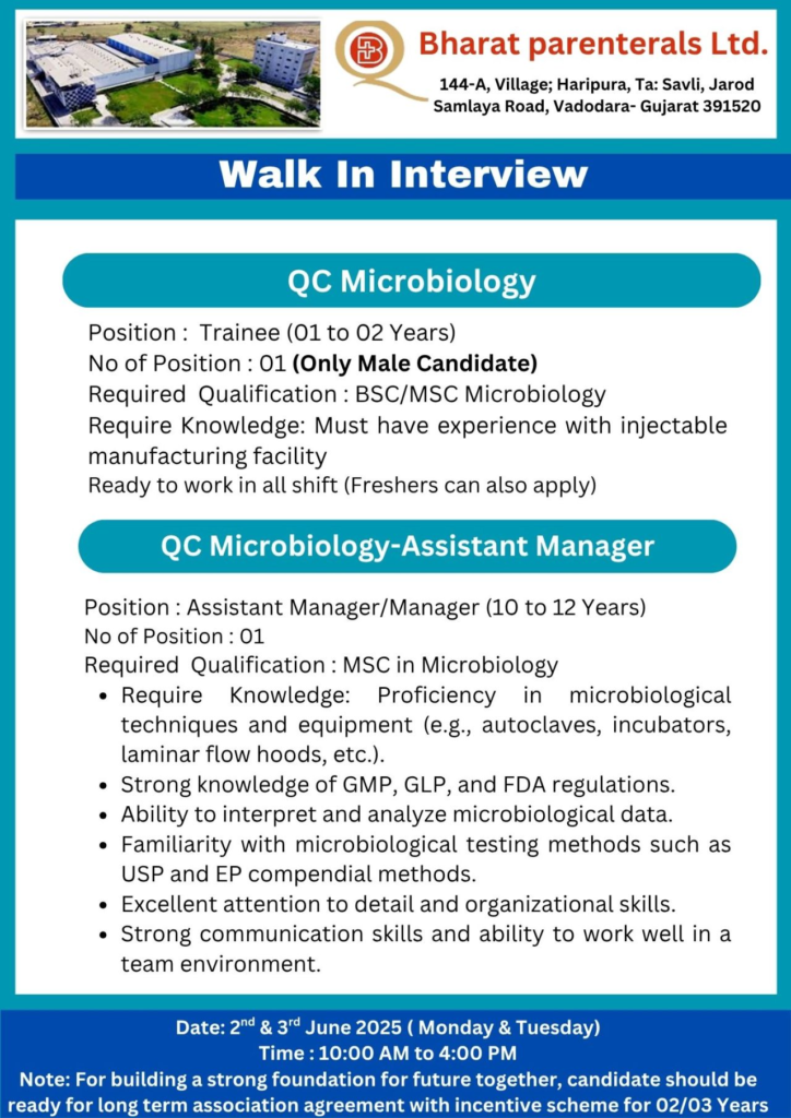 Bharat Parenterals Ltd Walk-In Drive for Multiple Departments on 2nd-3rd June