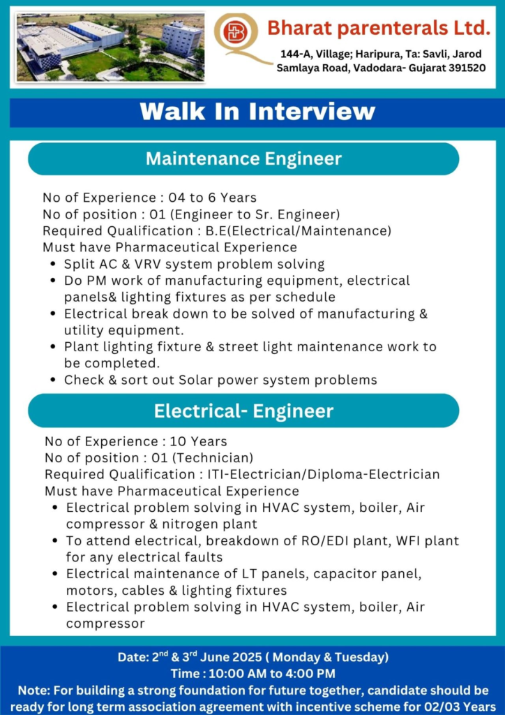 Bharat Parenterals Ltd Walk-In Drive for Multiple Departments on 2nd-3rd June