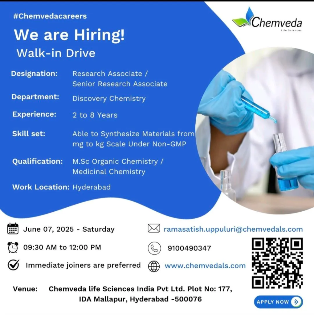 Chemveda Life Sciences Walk-In Interview for Discovery Chemistry Roles on 7th June