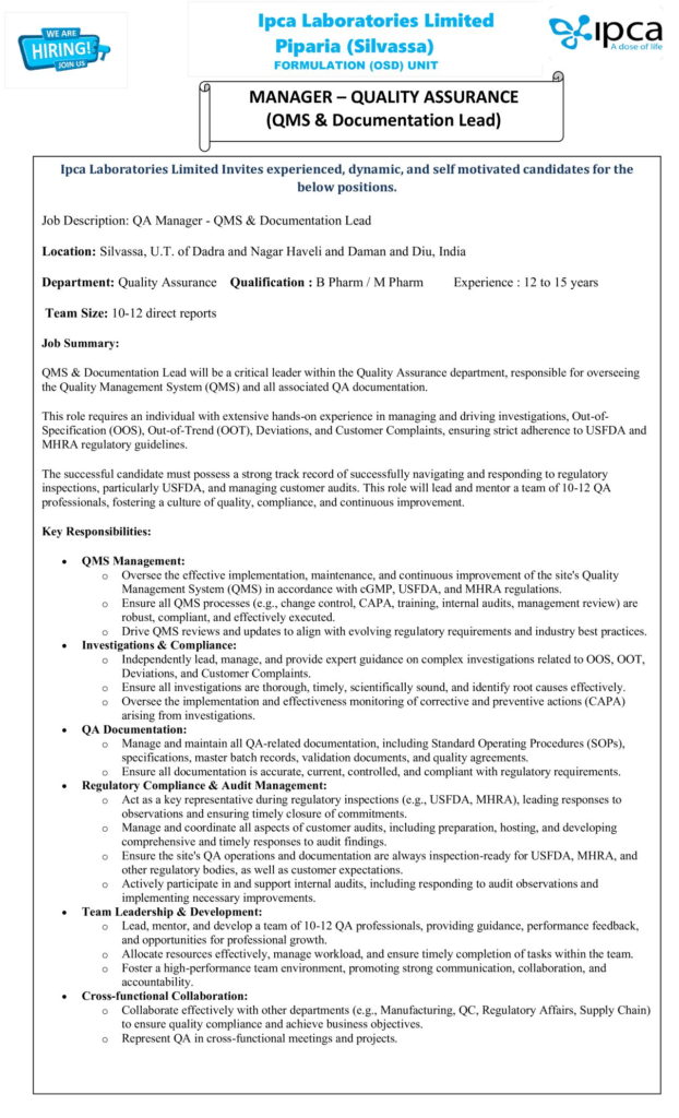 Ipca Laboratories Walk-In Interview for QA Manager Role on 7th June