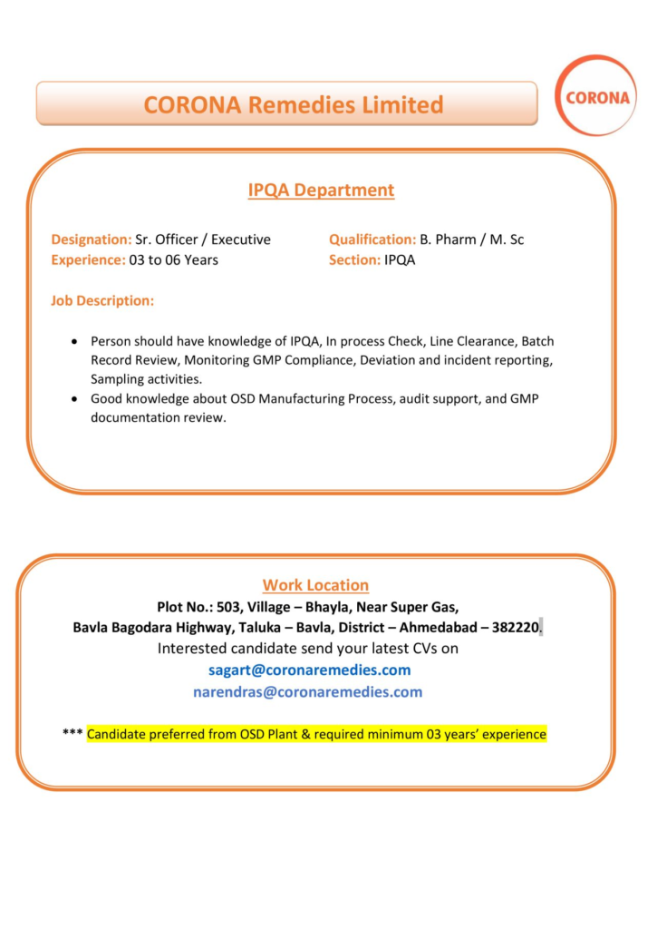 CORONA Remedies Limited Hiring for Sr. Officer/Executive in IPQA Department, Ahmedabad