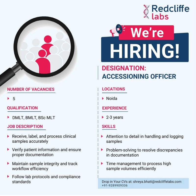 Redcliffe Labs Hiring for Accessioning Officer in Noida
