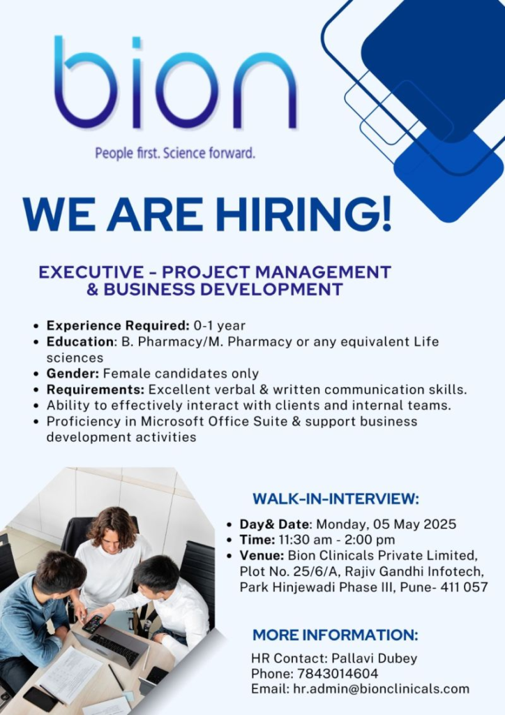 Bion Clinicals Pvt Ltd Walk in Interview for Executive – Project Management & Business Development on May 5, 2025