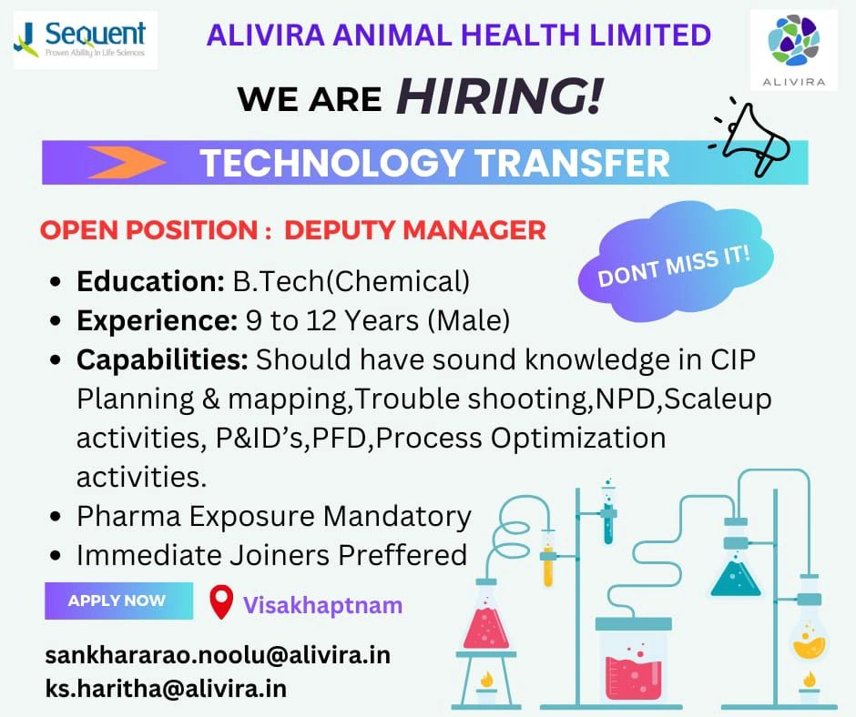 Alivira Animal Health Limited as Deputy Manager – Technology Transfer in Visakhapatnam