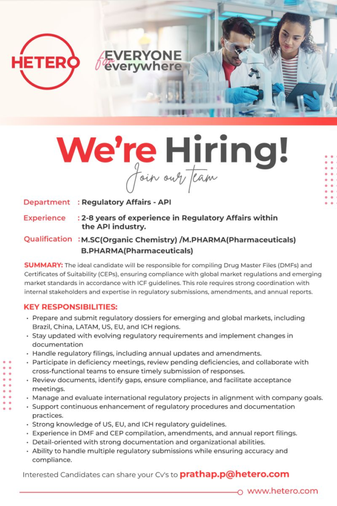 Hetero Labs Ltd Hiring for Regulatory Affairs (API) Professional in Hyderabad