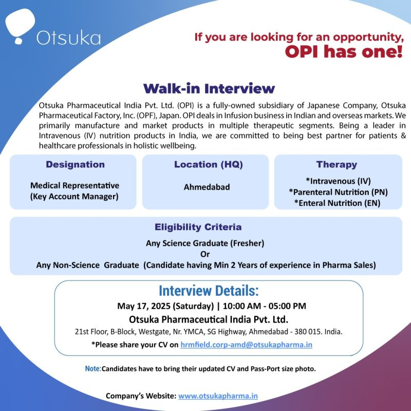 Otsuka Pharmaceutical India Pvt. Ltd. Walk-In Interview for Medical Representative