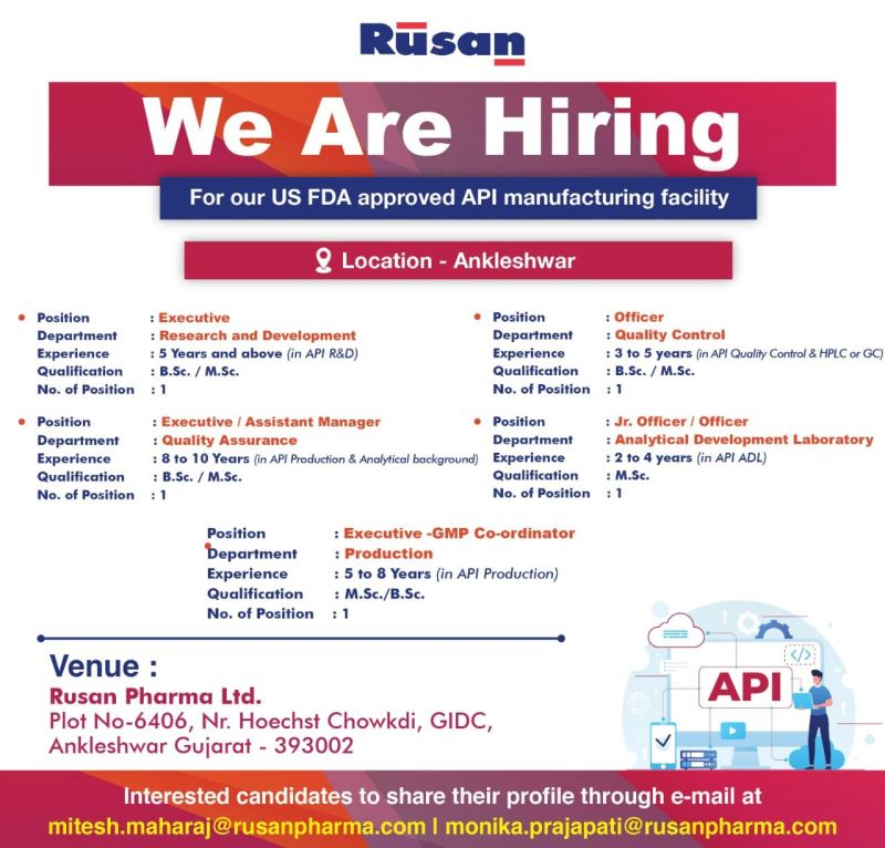 Rusan Pharma Hiring for API Manufacturing Facility in Ankleshwar, Gujarat – Join Our US FDA-Approved Team