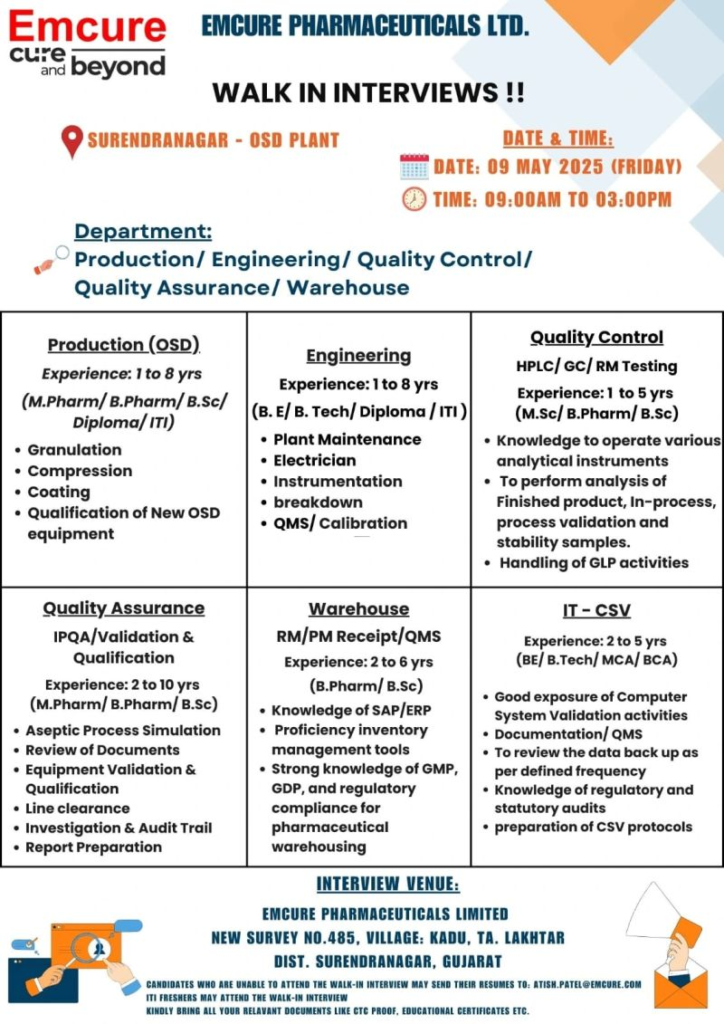 Emcure Pharmaceuticals Ltd Walk-In Interview for Production, Engineering, QA, QC, Warehouse, and IT-CSV Roles – May 9, 2025