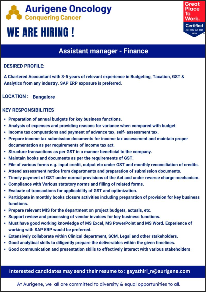 Aurigene Oncology Ltd. Hiring Assistant Manager - Finance in Bangalore