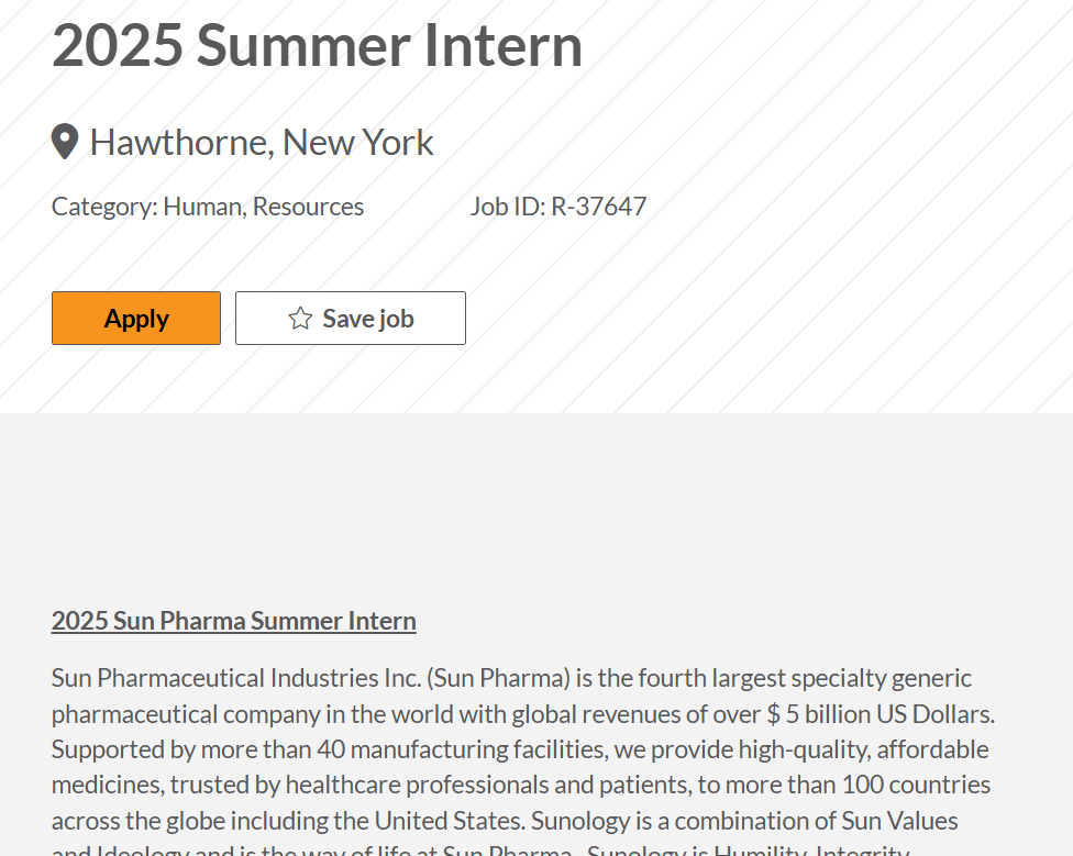 Sun Pharma 2025 Summer Internship at Taro Pharmaceutical USA Inc. (10 Weeks)