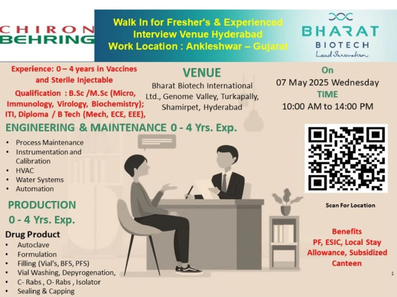 Chiron Behring Walk-In Interview in Hyderabad for Freshers & Experienced – Join Bharat Biotech’s Innovation Team