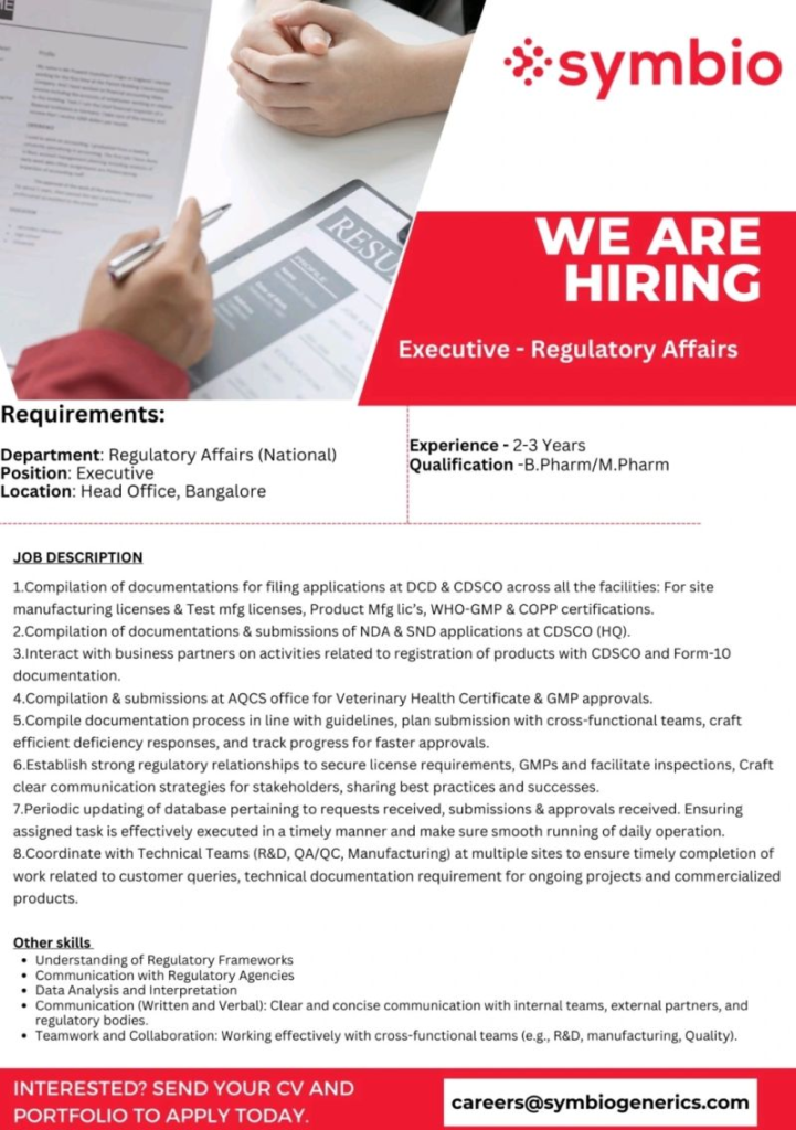 Symbio Generrics India Pvt. Ltd. Hiring Regulatory Affairs Executive in Bangalore