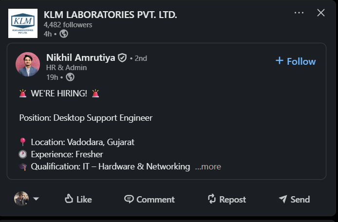 KLM Laboratories Pvt. Ltd. Hiring Desktop Support Engineer (Fresher) in Vadodara, Gujarat