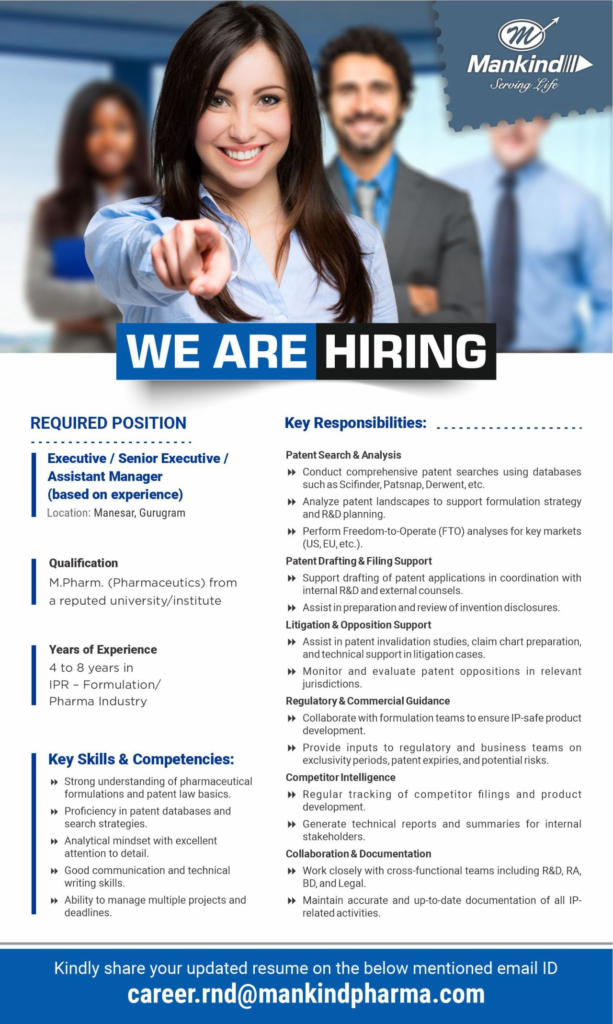 Mankind Pharma Ltd. Hiring Executive/Senior Executive/Assistant Manager (IPR-Formulation)