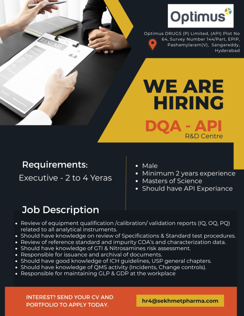 Optimus Drugs Pvt. Ltd. Hiring DQA-API Executive for R&D Centre