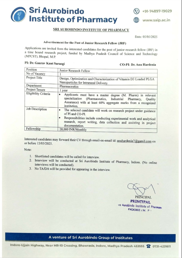 Sri Aurobindo Institute of Pharmacy Hiring Junior Research Fellow (JRF) for MPCST-Funded Project in Indore