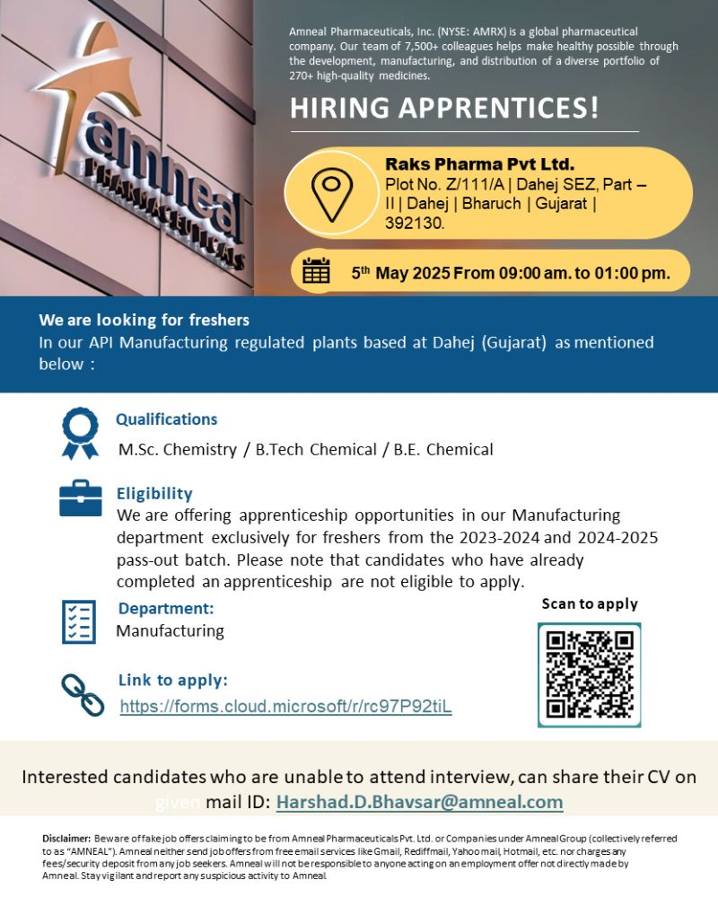 Amneal Pharmaceuticals Walk-In Drive for Fresher Apprentices in API Manufacturing in May 2025