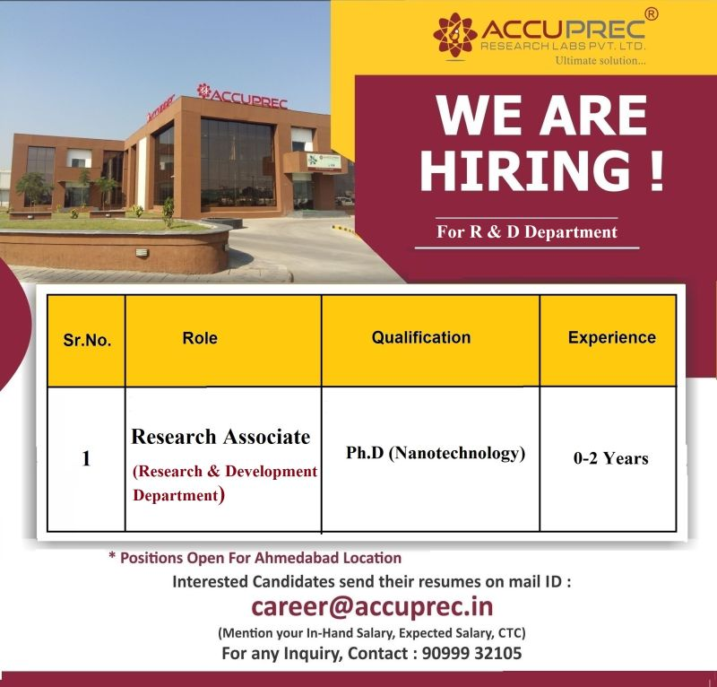 Accuprec Research Labs Hiring Freshers for Research Associate (Nanotechnology) in Ahmedabad, Gujarat