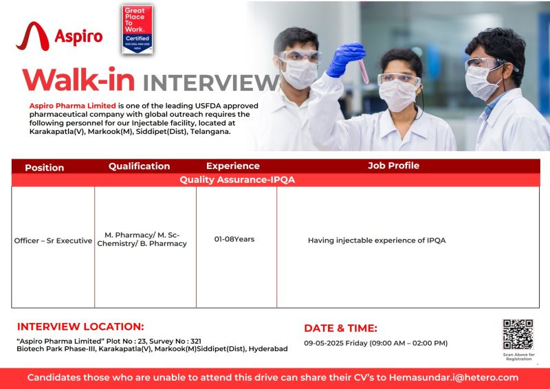 Aspiro Pharma Limited Walk-In Interview for Quality Assurance (IPQA) Officer-Sr. Executive