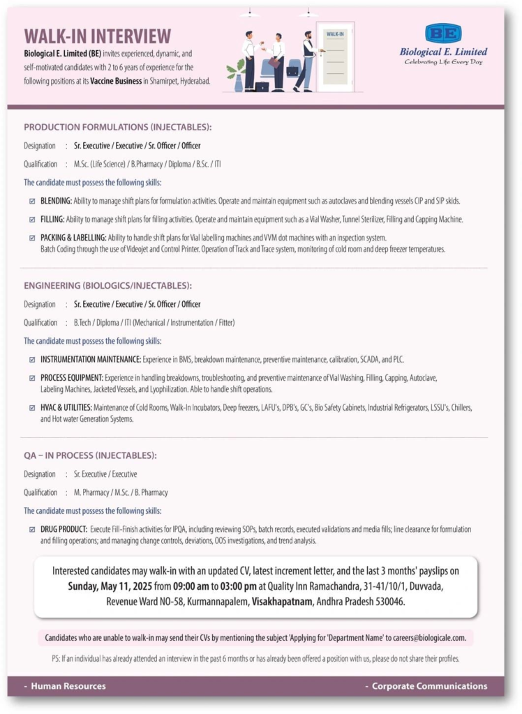 Biological E. Limited Walk-In Interview for Production, Engineering, and QA Positions – May 11, 2025