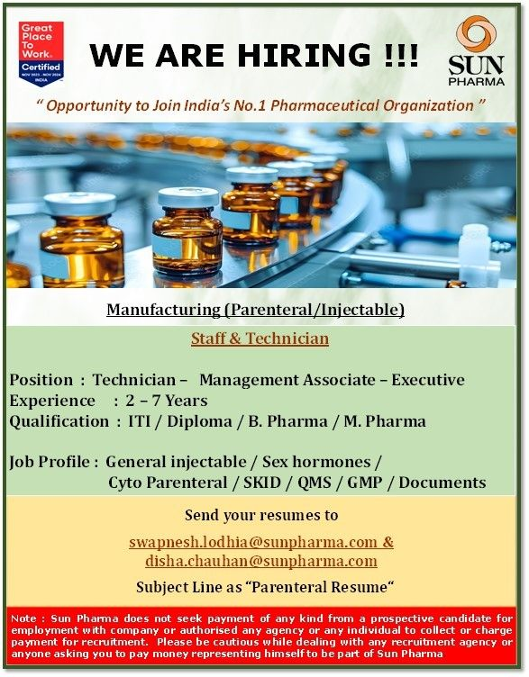 Sun Pharmaceutical Industries Ltd. Hiring Technician, Management Associate, and Executive for Parenteral/Injectable Manufacturing